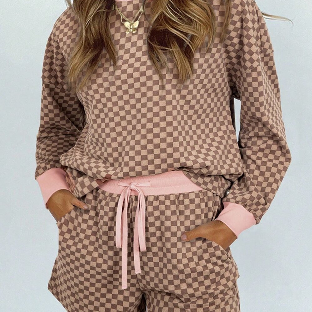 Brown Casual Women's Checkered Print Long Sleeve Hoodie And Shorts Set